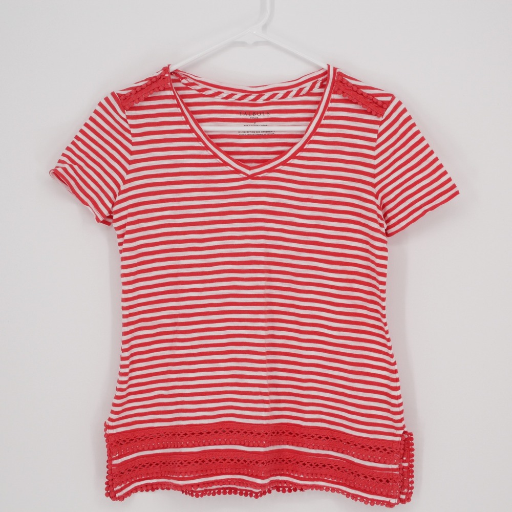 Talbots Women's Red‎ Striped Crochet Trim V-Neck T-Shirt Petite P Small